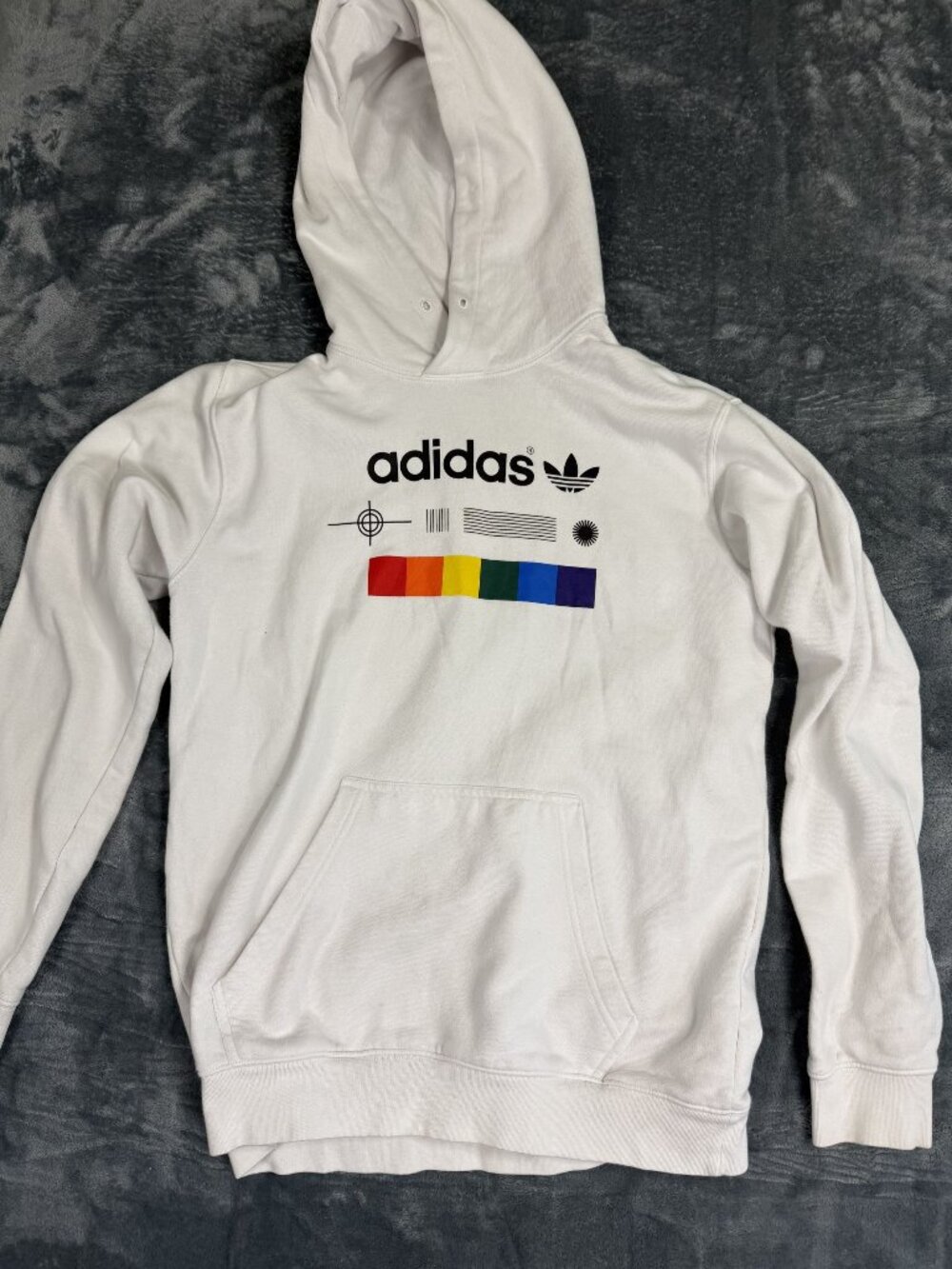 Adidas White Hoodie With Rainbow Graphics Trefoil Logo Unisex Size M